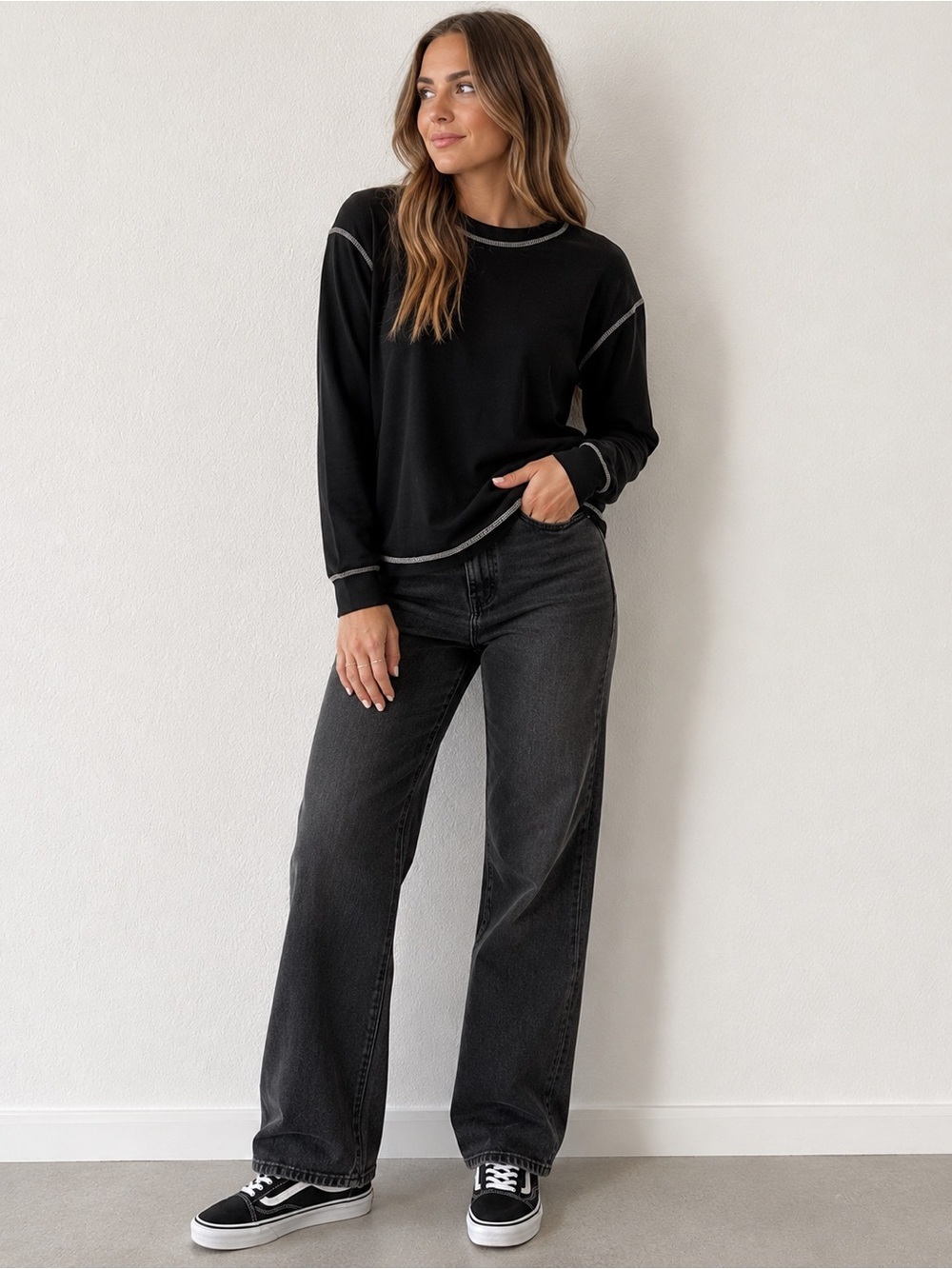 Superdown Black Contrast Stitch Long Sleeve Knit Top Crew Neck XS Revolve
